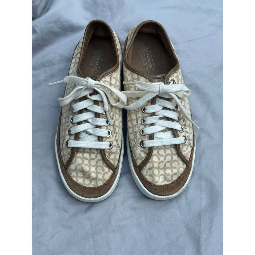 Coach Signature Canvas Sneakers Brown Tan Lace Up Low Top Casual Shoes Women’s 7 - Picture 2 of 12
